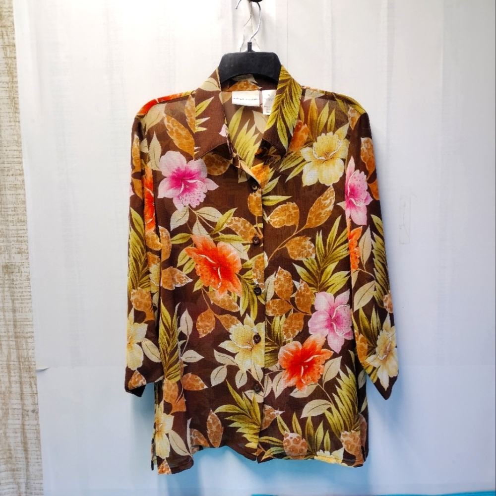 Alfred Dunner Women's 3/4 Sleeve Button Up Floral Brown - 12